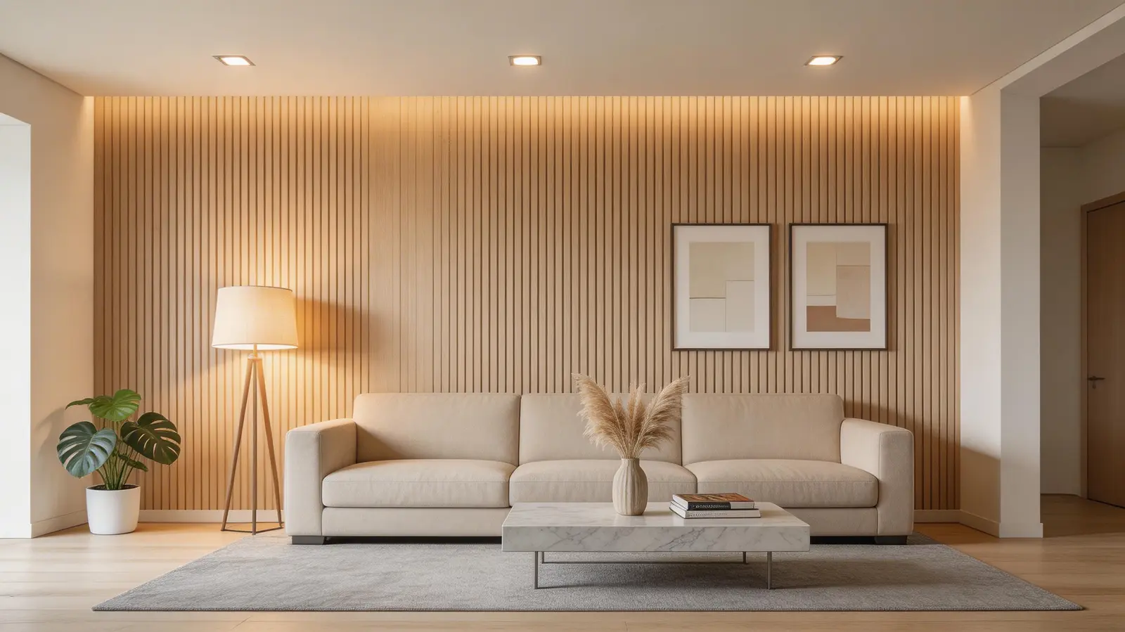 Modern living room with a WPC fluted feature wall